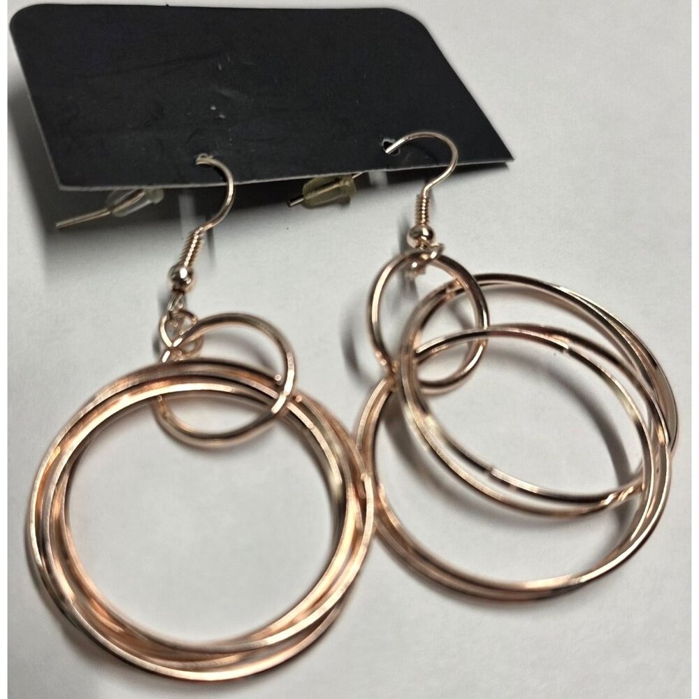 New Rose PInk Gold-Tone Circle Stacked Hoop Drop‎ Dangle Pierced Earrings Boho